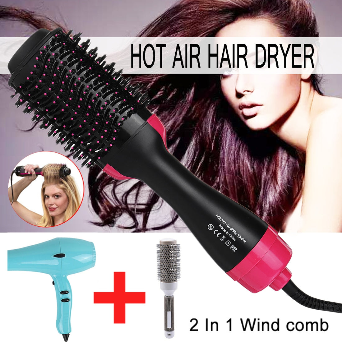 2 in 1 Multifunctional Hair Dryer &amp; Volumizer Rotating Hair Brush Roller Rotate Styler Comb Styling Straightening Curling Iron