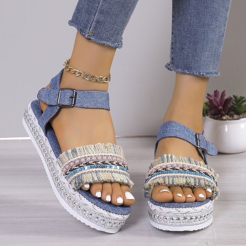Fashion Tassel Denim Sandals With Thick-soled Flat Heel New Summer Hemp Rope Sole Ethnic Style Shoes For Women